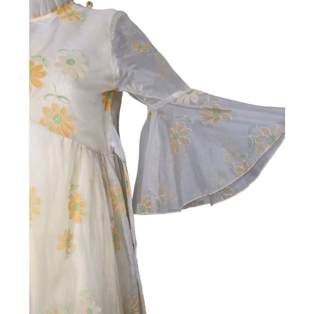 Vintage 70s Yellow Daisy Print Maxi Dress XS Bell Sleeve Boho Cottagecore Union - Picture 4 of 8